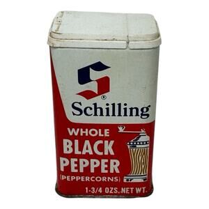 VINTAGE Schilling Whole Black Pepper Peppercorns Red + White Spice Tin 1-3/4 oz
